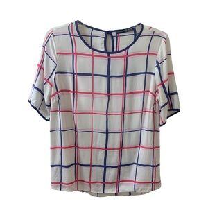 Atmosphere Lightweight Blouse Top Popover Grid Print White Purple Women’s 6